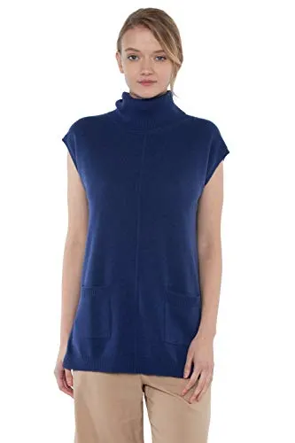 JENNIE LIU Women's 100% Pure Cashmere Sleeveless Turtleneck Hi-Lo Tunic Sweater(L, MarledBlue)