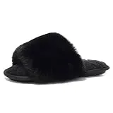 FANTURE Women's Furry Faux Fur Slippers Cozy Memory Foam House Slippers Soft Comfy Flat Slide Sandals Indoor Outdoor-U419WMT035-Black05 -38-39