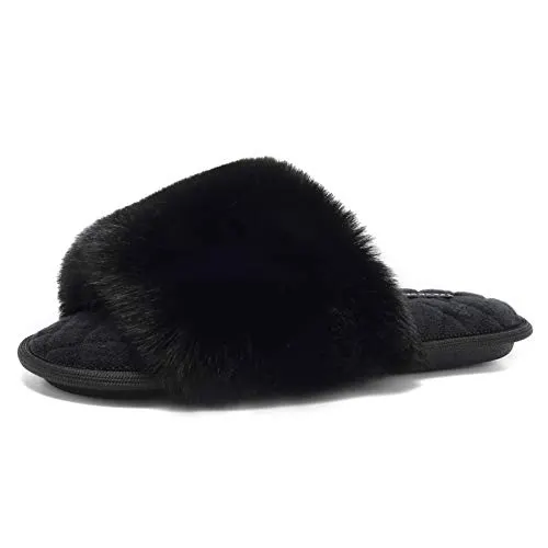 FANTURE Women's Furry Faux Fur Slippers Cozy Memory Foam House Slippers Soft Comfy Flat Slide Sandals Indoor Outdoor-U419WMT035-Black05 -38-39