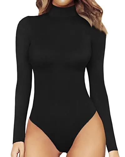 MANGOPOP Women's Mock Turtle Neck Long Sleeve Tops Bodysuit Jumpsuit (A Long Sleeve Black, X-Small)