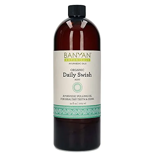 Banyan Botanicals Daily Swish Mint – Organic Ayurvedic Oil Pulling Mouthwash with Coconut Oil – for Oral Health, Teeth, & Gums* – 34oz – Non GMO Sustainably Sourced Vegan