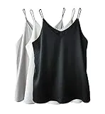 Wantschun Womens Silk Satin Camisole Cami Plain Strappy Vest Top T-Shirt Blouse Tank Shirt V-Neck Spaghetti Strap US Size M;Black+White+Grey