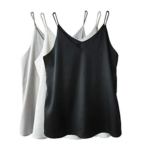 Wantschun Womens Silk Satin Camisole Cami Plain Strappy Vest Top T-Shirt Blouse Tank Shirt V-Neck Spaghetti Strap US Size M;Black+White+Grey