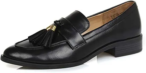 DUNION Women's Bertha Comfortable Tassel Slip Low Heels Almond Toe Casual Penny Loafers,Bertha Black,6 M US
