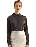 Escalier Women's Satin Silk Long Sleeve Button Down Shirt Casual Work Office Silky Blouse Top Black-Grey S