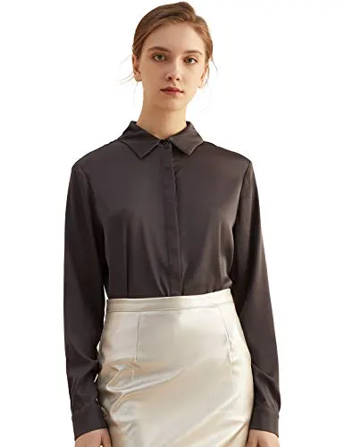 Escalier Women's Satin Silk Long Sleeve Button Down Shirt Casual Work Office Silky Blouse Top Black-Grey S