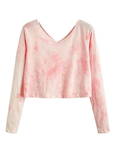 SweatyRocks Women's Tie Dye Print Crop Top T Shirt Long Sleeve