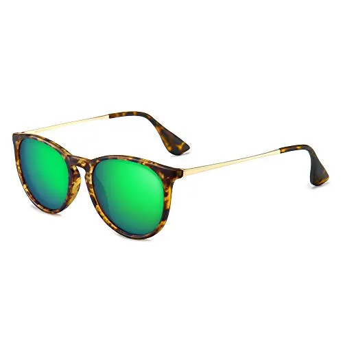 SUNGAIT Vintage Round Sunglasses for Women Men Classic Retro Designer Style (Polarized Green Mirror Lens/Amber Frame(Matte Finish)) 1567 PGHPKLV