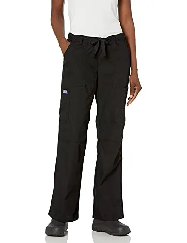 Cherokee Women's Low Rise Drawstring Cargo Scrub Pant, Black, Small