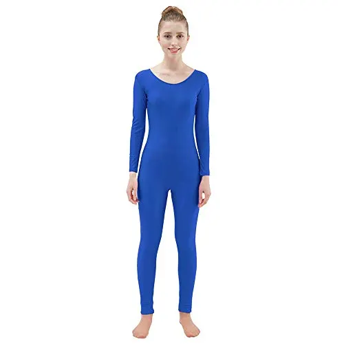 Ensnovo Womens Spandex Bodysuit Long Sleeve Scoop Neckline Footless Unitard Royal Blue,M