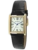 Peugeot Women's 14K Gold Plated Tank Leather Dress Watch with Roman Numerals Dial, Black