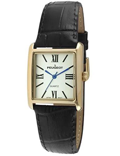 Peugeot Women's 14K Gold Plated Tank Leather Dress Watch with Roman Numerals Dial, Black
