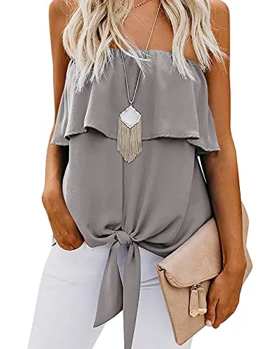 Inorin Womens Ruffles Tie Front Blouse Chiffon Strapless Tiered Tube Tops Shirts Grey