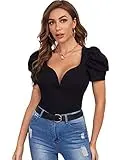 SheIn Women's Sweetheart Neck Puff Short Sleeve Blouse Rib Knit Elegant Tops Shirt Black Large