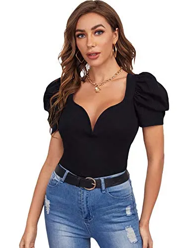 SheIn Women's Sweetheart Neck Puff Short Sleeve Blouse Rib Knit Elegant Tops Shirt Black Large