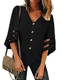 LookbookStore Women's Casual V Neck Mesh Panel Button Down Blouse 3/4 Bell Sleeve Tie Knot Summer Top Shirt Black Size Medium