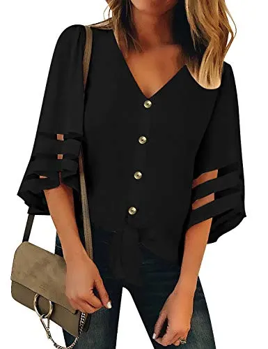 LookbookStore Women's Casual V Neck Mesh Panel Button Down Blouse 3/4 Bell Sleeve Tie Knot Summer Top Shirt Black Size Medium