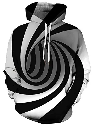 RAISEVERN Unisex Cool Hoodie Funny Drawstring Pullover Sweatshirts 3D Black and White Circle Swirl Print Long Sleeve Shirts Lightweight Hooded with Pockets for Men Women