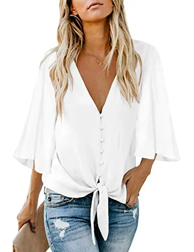 luvamia Women's V Neck Tops Ruffle 3/4 Sleeve Tie Knot Blouses Button Down Shirts, A WhiteButton Down Size XL