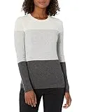 Lark & Ro Women's Crewneck Pullover Cashmere Sweater, Ivory/Light Heather Grey/Charcoal,Large