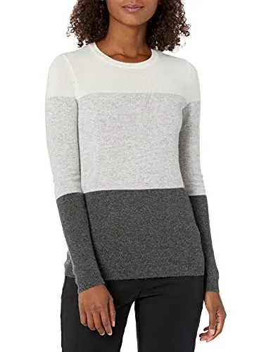 Lark & Ro Women's Crewneck Pullover Cashmere Sweater, Ivory/Light Heather Grey/Charcoal,Large