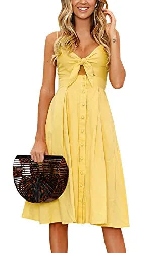 ECOWISH Womens Dresses Summer Tie Front V-Neck Spaghetti Strap Button Down A-Line Backless Swing Midi Dress Yellow L