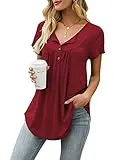 AMCLOS Womens Tops Floral V Neck T-Shirts Swing Blouses Button up Tunic Casual Flowy Summer Soft Short Sleeve(2XL, Wine Red)