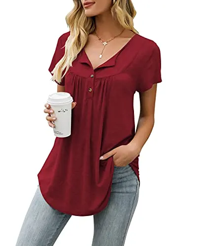 AMCLOS Womens Tops Floral V Neck T-Shirts Swing Blouses Button up Tunic Casual Flowy Summer Soft Short Sleeve(2XL, Wine Red)