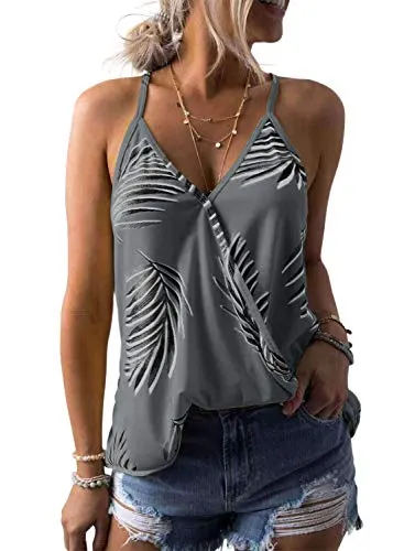 Dokotoo Womens Tanks Casual Spring Fashion Ladies V Neck Sleeveless Sexy Camisole Leaf Print Summer Tanks Tops Vest Blouse Shirts Grey Large