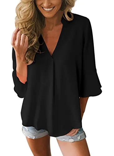 Dokotoo Womens Plus Size Summer 3 4 Bell Sleeve V Neck Chiffon Tops Casual Tunic Solid Business Work Blouse Loose Shirts Black XX-Large