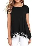 QIXING Women's Tops Short Sleeve Lace Trim O-Neck A Line Tunic Blouse Black-X-Large