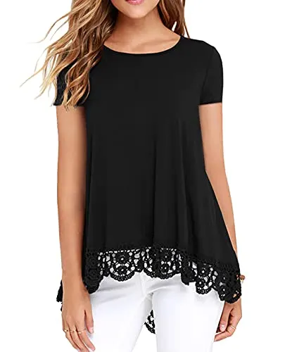 QIXING Women's Tops Short Sleeve Lace Trim O-Neck A Line Tunic Blouse Black-X-Large