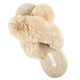 HALLUCI Women's Cross Band Soft Plush Fleece House Indoor or Outdoor Slippers (Medium, Camel)
