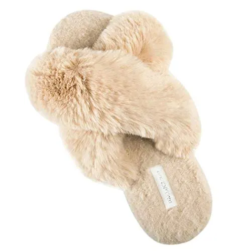 HALLUCI Women's Cross Band Soft Plush Fleece House Indoor or Outdoor Slippers (Medium, Camel)