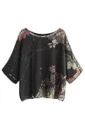 Milumia Women's Florals Batwing Sleeve Button Back Chiffon Blouse Black Large