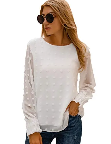 Blooming Jelly Womens Chiffon Blouses Elegant Lantern Long Sleeve Round Neck Tops Pom Pom Shirts(XL,White)