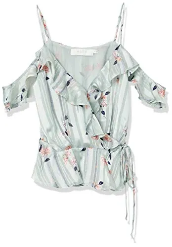 ASTR the label Women's April Cold Shoulder Wrap Front Cami Blouse Top, Mint Satin Floral, XS