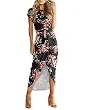 AUSELILY Women‘s Casual Summer Cap Short Sleeve Loose Slit Party Long Maxi Print Floral Pleated Dress with Belt (22, Rose Black)