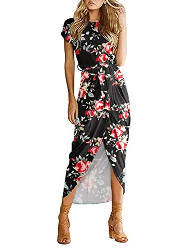 AUSELILY Women‘s Casual Summer Cap Short Sleeve Loose Slit Party Long Maxi Print Floral Pleated Dress with Belt (22, Rose Black)