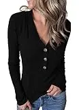 MEROKEETY Women's Long Sleeve V Neck Ribbed Button Knit Sweater Solid Color Tops Black