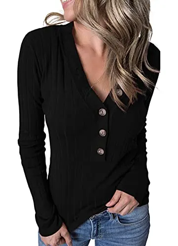 MEROKEETY Women's Long Sleeve V Neck Ribbed Button Knit Sweater Solid Color Tops Black