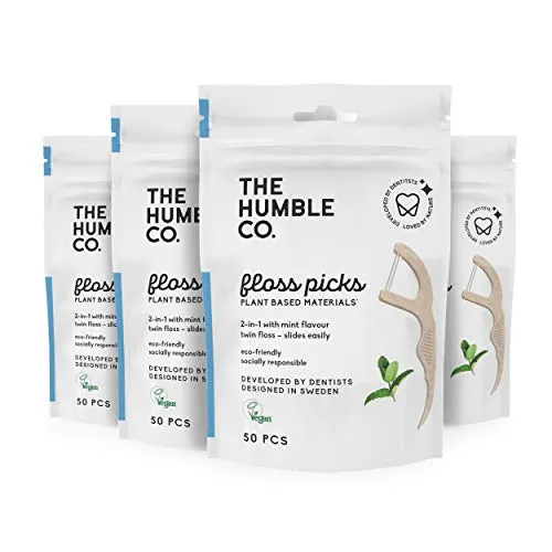 The Humble Co. Natural Dental Floss Picks (200 Count) - Vegan, Eco Friendly, Sustainable Dental Flossers and Zero Waste Plaque Remover for Oral Care with a Fresh Feel (Mint, Double Thread)