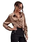 SOLY HUX Women's Satin Silk Long Sleeve Button Down Shirt Formal Work Blouse Top Bronze L