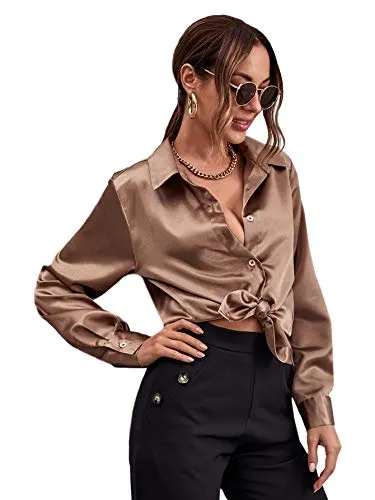 SOLY HUX Women's Satin Silk Long Sleeve Button Down Shirt Formal Work Blouse Top Bronze L