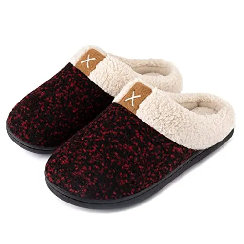 ULTRAIDEAS Women's Cozy Memory Foam Slippers Fuzzy Wool-Like Plush Fleece Lined House Shoes w/Indoor, Outdoor Rubber Sole (9-10, Ruby Red)