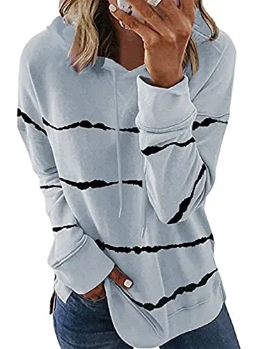 Biucly Womens Casual Tie Dye Striped Hoodies Sweatshirts Oversized Long Sleeve Drawstring Fall Winter Clothes Hooded Pullover Tops Hoodie Sweatshirt,US 16-18(XL),Grey