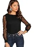 Floerns Women's Pearl Sheer Mesh Long Sleeve Tops Blouse Black M