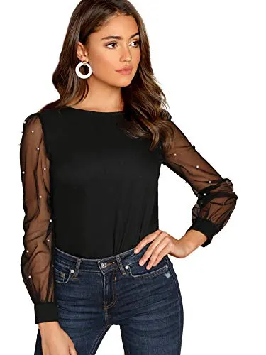 Floerns Women's Pearl Sheer Mesh Long Sleeve Tops Blouse Black M