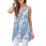 AWULIFFAN Women's Summer Sleeveless V-Neck T-Shirt Short Sleeve Sleepwear Tunic Tops Blouse Shirts (Flower Light Blue,Large)
