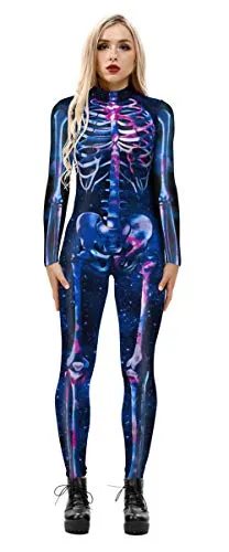 JomeDesign Halloween Costumes for Women 3D Skeleton Cosplay Jumpsuit Bodysuit Galaxy Large
